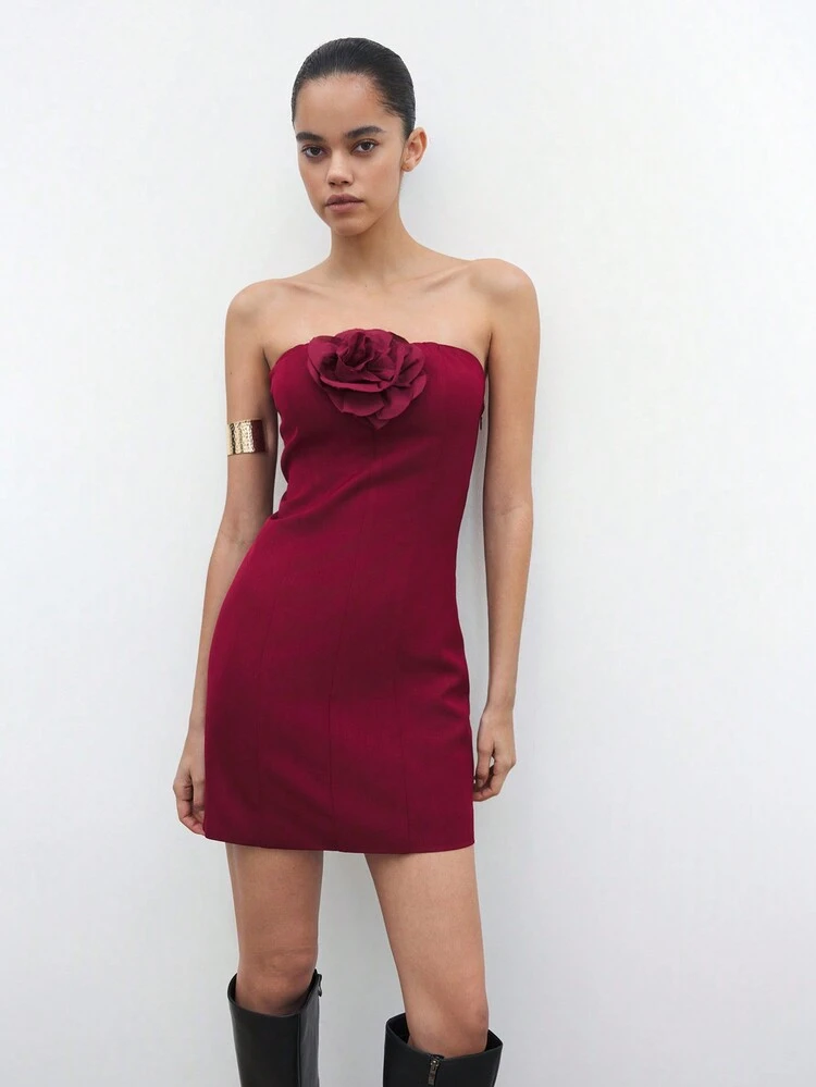 SHEIN Maija Nuovo vestito corto elegante da donna in rosso vino, con decorazioni floreali in 3D, adatto per feste, cene e occasioni urbane chic in autunno/inverno e durante le vacanze di Natale