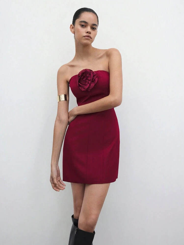SHEIN Maija Nuovo vestito corto elegante da donna in rosso vino, con decorazioni floreali in 3D, adatto per feste, cene e occasioni urbane chic in autunno/inverno e durante le vacanze di Natale