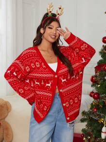 SHEIN EZwear Plus Size Women Button-Up Long Sleeve Cardigan With Snowflakes And Deer Patterns, Christmas Sweater, Red, Winter Women Clothes