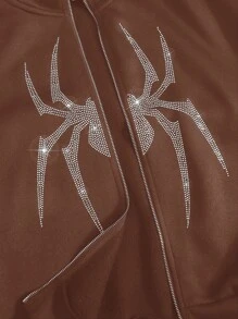 SHEIN Tween Girls' Casual Knit Spider Rhinestone Embellished Hooded Sweatshirt Sweatshirt - Brown - View 6