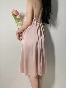 Faux Silk Oversized Bow Accent Camisole Nightgown - Pink - View 2