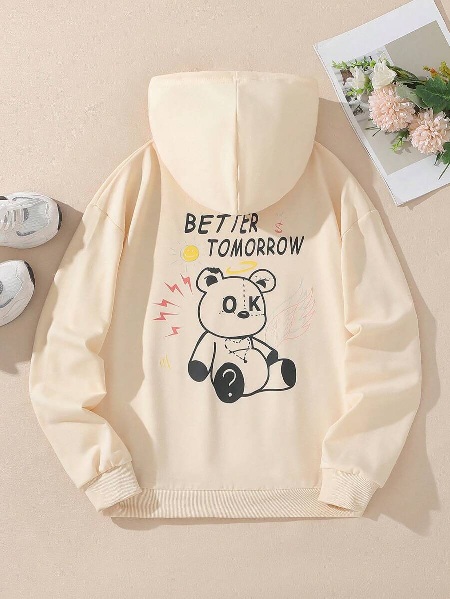 Tween Girl Long Sleeve Letter Print Simple Hooded Casual Sweatshirt - Apricot - View 1