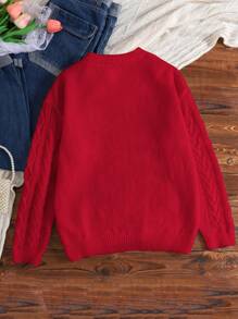 SHEIN Suéter Vermelho/Gola Careca/Moletom/Tricô Volumoso/Tricô Trançado/Casual Versátil/Suéter/Ano Novo/Dia dos Namorados/Natal, Meninas Adolescentes - Vermelho - Visão 5