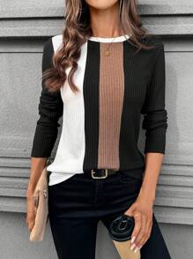 SHEIN LUNE 1 件女式拼色长袖 T 恤，简约时尚休闲日常 - 彩色 - 查看 4