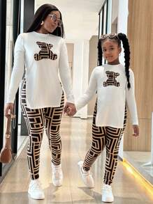 Conjunto de top de manga larga con estampado de oso y leggings con estampado geométrico, informal y deportivo para niñas preadolescentes - Multicolor - Ver 6