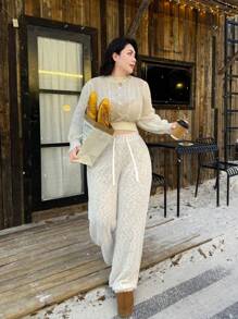 SHEIN Privé Plus Size Women Warm Long Pants, Casual Comfy Fleece Elastic Waist Loose Fit Pants For Autumn/Winter - Multicolor - View 2