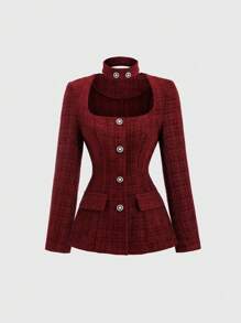 Sweetra Kardigan Vintage Square Collar Pullover Slim Fit dla kobiet, jesień/zima - Burgund - Zobacz 1