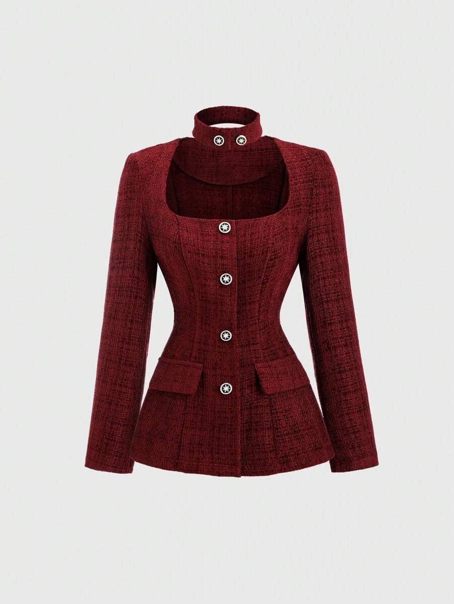 Sweetra Kardigan Vintage Square Collar Pullover Slim Fit dla kobiet, jesień/zima - Burgund - Zobacz 1