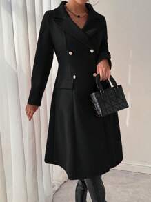 Chiquease Women's Solid Color Long Sleeve Turn-Down Collar Three-Row Button Flap Pocket Overcoat Jacket, Autumn/Winter - Black - View 6