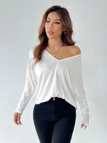 SHEIN PETITE Casual Simple Solid V Neck Batwing Sleeve Tee - White - View 4