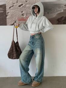 DAZY Áo nỉ ngắn tay có mũ, màu trơn, dành cho nữ, thích hợp mặc mùa thu và đông. - Màu be - Xem 8