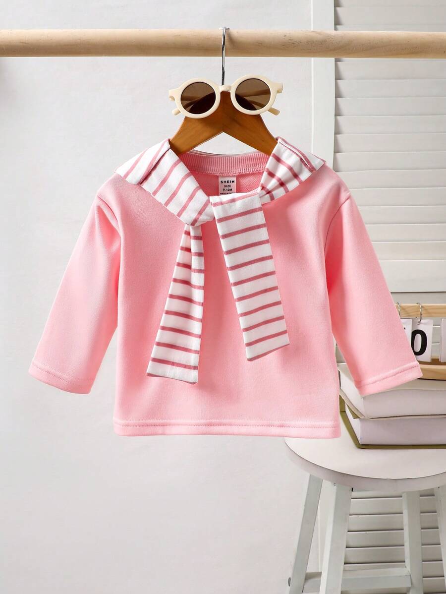 Bộ 2 áo phông màu hồng thoải mái cho bé gái sơ sinh và khăn choàng sọc có thể tháo rời, thích hợp mặc hàng ngày vào mùa thu/đông - Hồng - Xem 1