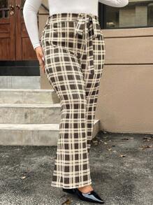 SHEIN Clasi Pantalon droit taille haute à motif carreaux marron avec nœud papillon, élégant pour les déplacements, le travail, l'école et polyvalent, style évasé en grandes tailles - Multicolore - Voir 1