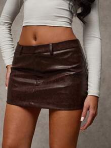 SHEIN BAE Pantalon  marron chocolat à taille basse, style vintage usé, polyvalent pour la rue, le thé de l'après-midi entre amies, les soirées entre copines, les fêtes et les boîtes de nuit / Jupe  marron / Mini-jupe  marron / Mini-jupe en faux délavé et usé