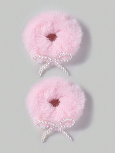 Kawaii 2 pezzi/set Elastici per capelli eleganti e carini di stile coreano in perla e fiocco di peluche, versatili, adatti per uso quotidiano di donne e ragazze, idea regalo per le vacanze