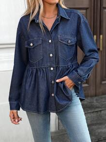 SHEIN Essnce 带纽扣前口袋荷叶边下摆长袖牛仔衬衫 - 深色水洗藍 - 查看 1
