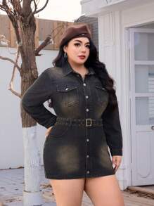 SHEIN EZwear 大码破洞前扣迷你牛仔连衣裙，秋季休闲装 - 深灰色 - 查看 4
