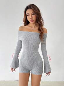 SHEIN PETITE 纯色休闲露肩喇叭袖口连体裤，长袖 - 灰色 - 查看 6