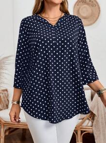 EMERY ROSE Bluzka damska w dużym rozmiarze, casualowa, z nadrukiem w kropki, wyciętym dekoltem i podwiniętymi rękawami, na jesień