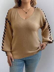 Calvaya 大码 V 领拼色休闲长袖针织套头衫，适合冬季 - 杏色 - 查看 6