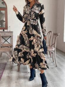 SHEIN VCAY 女式度假花卉印花领长裙 - 黑色 - 查看 4