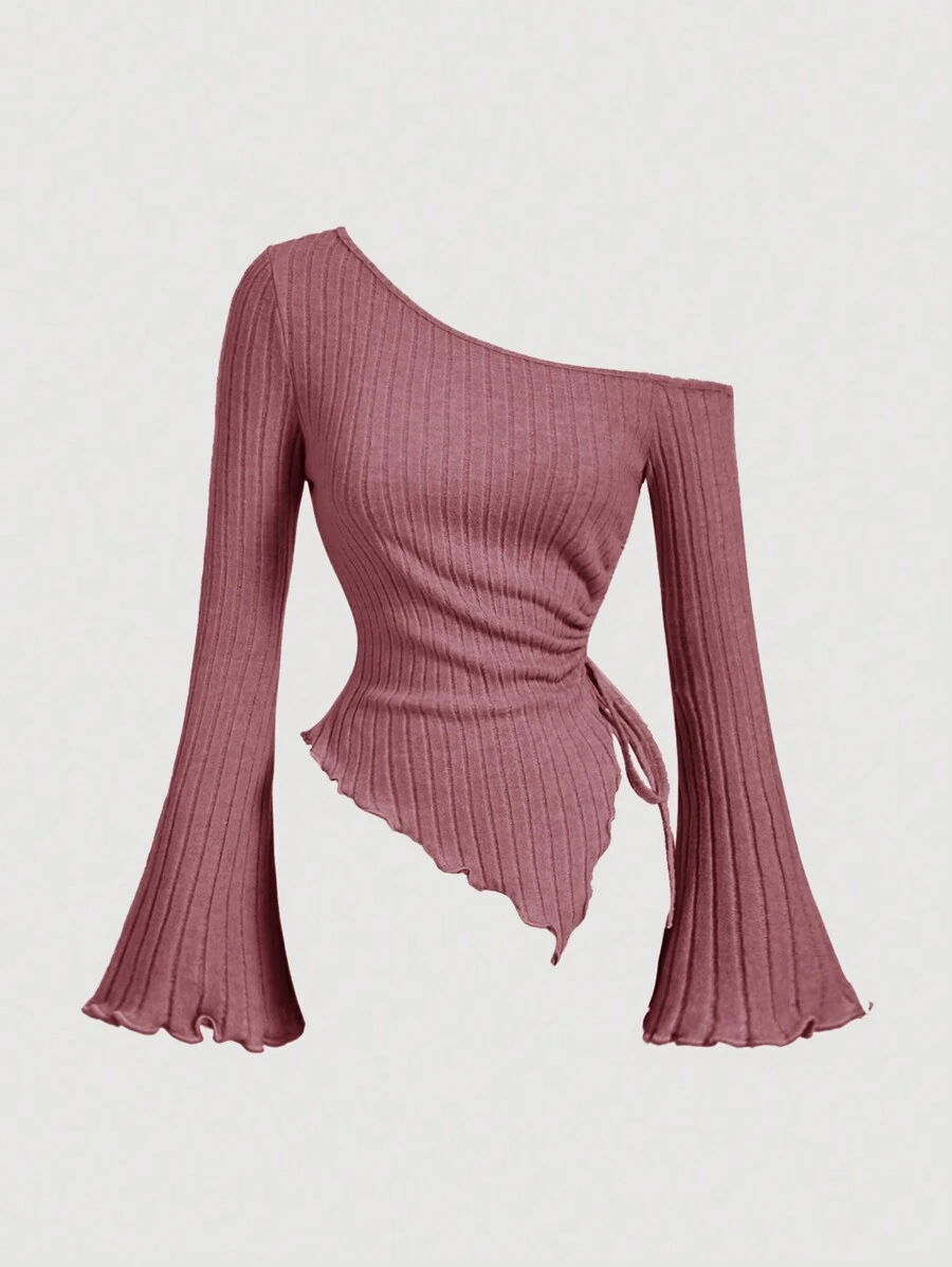 SHEIN MOD 女士杏色抽绳不对称下摆喇叭袖 T 恤、露肩 T 恤、秋季女装、万圣节服装、舒适 T 恤