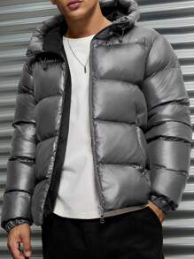 SHEIN Cottnline Men High Collar 2 Zipper Shiny Fabric Regular Padded Coat - Grey - View 6