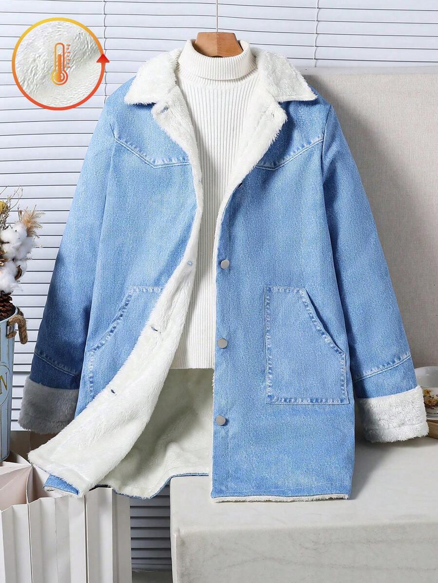 SHEIN Teen Girl Solid Color Button Front Pockets Thermal Lined Long Sleeve Jacket - Blue - View 1