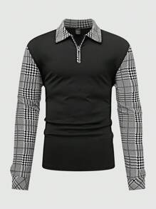 Manfinity Homme Camisa polo de manga larga casual con cremallera delantera, con diseño de cuadros y parches, camisa de golf con cuello de color block de moda para hombres