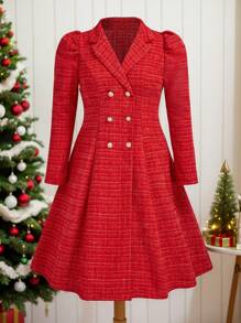 SHEIN Unity Plus Size Women Casual Ruched Collar Puff Sleeve Double Breasted Red Coat - Red - View 1