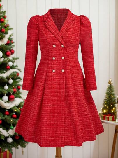 SHEIN Unity Plus Size Women Casual Ruched Collar Puff Sleeve Double Breasted Red Coat