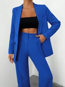 EURMUSE 2pcs Pure Color Women's Suit Blazer With Stand Collar - Royal Blue - View 5