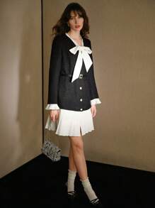 MOTF STUDIO 粗花呢双色系带领口撞色荷叶边装饰二合一连衣裙，新年装扮 - 白色 - 查看 6