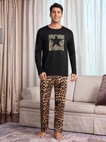 Manfinity Leopard Print Long Sleeve & Long Pants Men Sleepwear Set - Multicolor - View 7