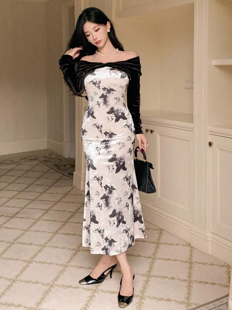 Women Butterfly Print Elegant Off Shoulder Long Sleeve Velvet Midi Dress  For Autumn/Winter Prom Dress,Fall Women ClothesDAZY