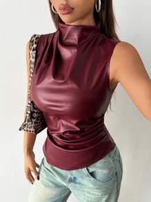 SHEIN PETITE Damen Lässig Mode 90er Jahre Street Shooting Frühling Herbst einfarbig Plissee Kragen PU Trägerhemd ärmellos Tops Ausgehen Tops Herbst Damen Tops