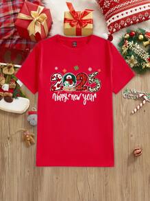 Manfinity Homme Áo thun nam tay ngắn in họa tiết hoạt hình người tuyết mừng năm mới 2025, Giáng sinh - Đỏ - Xem 3