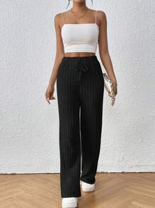 SHEIN Frenchy Solid Tie Front Ribbed Knit Baggy Grain Fabric Pants Winter Chic Black Casual Spring