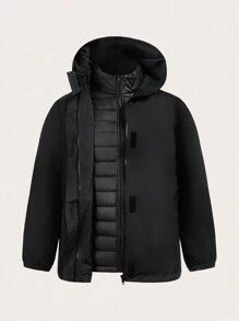 SHEIN EZwear 大码女装、冬季外套、纯色前拉链、冬季女装外套、长袖简约连帽夹克、二合一、三件套、休闲日常穿着