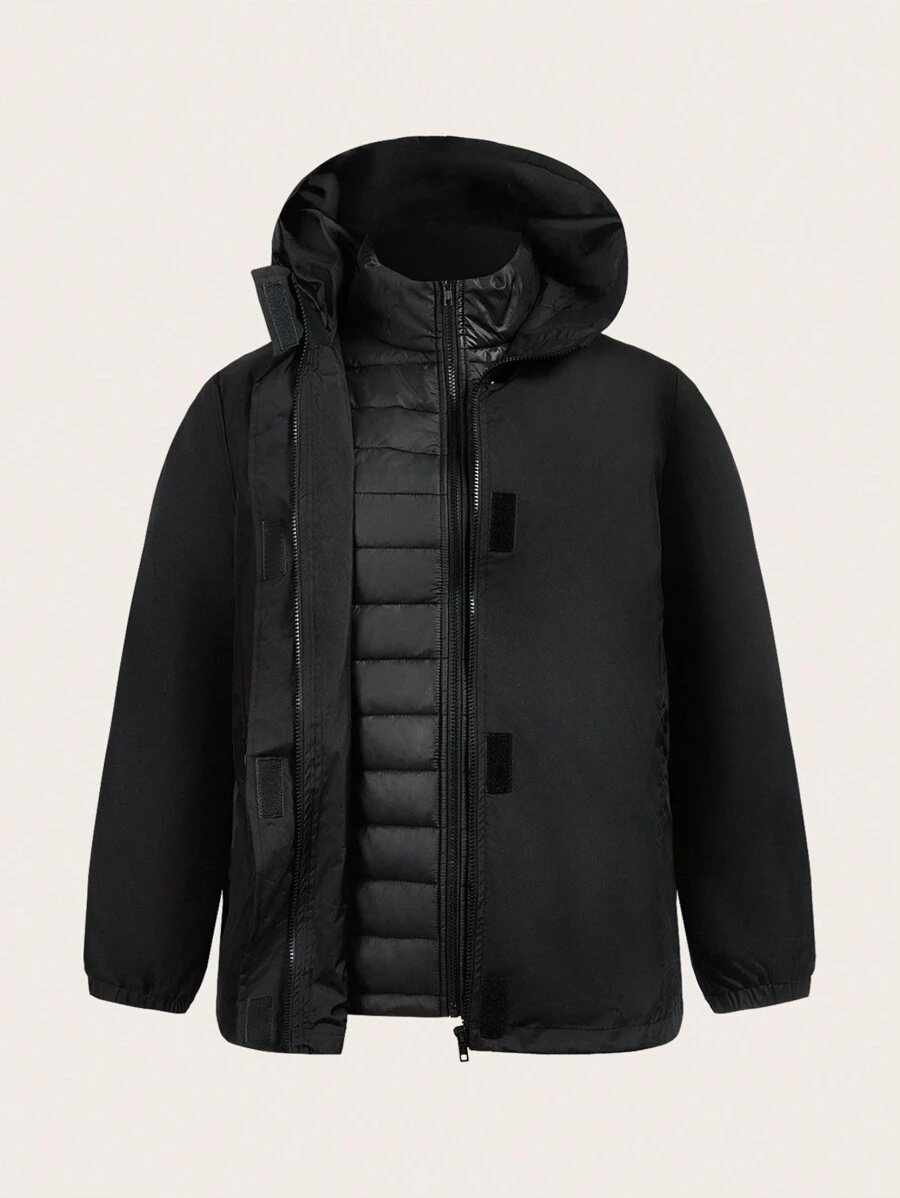 SHEIN EZwear 大码女装、冬季外套、纯色前拉链、冬季女装外套、长袖简约连帽夹克、二合一、三件套、休闲日常穿着