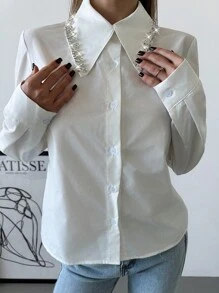 Aloruh 女士白色水钻链条衬衫，适合派对、圣诞节和万圣节 - 白色 - 查看 6