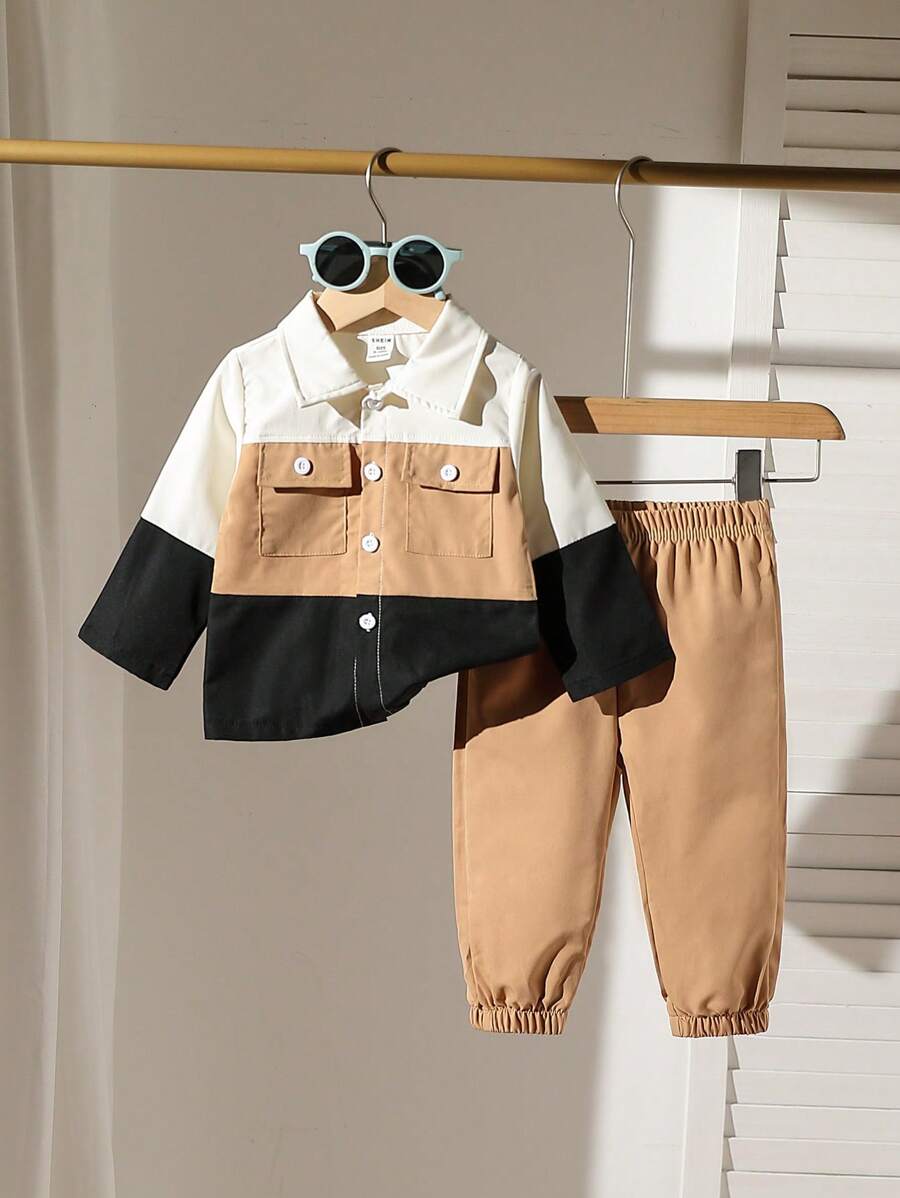 SHEIN Bộ đồ 2 món cho bé trai/bé gái, áo sơ mi dài tay chắp vá thường ngày kết hợp với quần dài đến mắt cá chân thời trang, thích hợp cho cắm trại ngoài trời vào mùa thu và ngày lễ, phong cách tối giản cho nhiều dịp khác nhau - Nhiều màu - Xem 1
