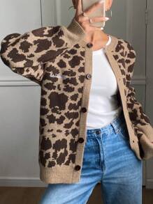 DAZY Leopard Printed & Embroidery Letter Design Women Cardigan Cheetah Print,Fall Clothes - Brown - View 8