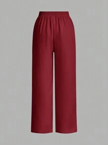 SHEIN Essnce 3 paquetes de pantalones de verano para mujeres, de unicolor, con cintura ajustable, pierna ancha, sueltos y casuales - Burdeos - Ver 8