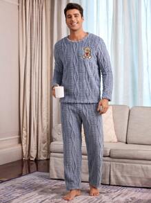 CoupledUp Cute Bear Embroidered Plush Long Sleeve & Pants Men Sleepwear Set - Baby Blue - View 5