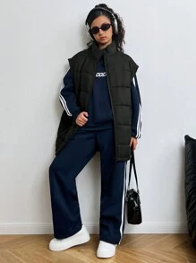 SHEIN 2 件青少年女孩纯色针织带和字母印花天鹅绒运动衫和裤子套装，返校休闲装 - 藏蓝色 - 查看 5