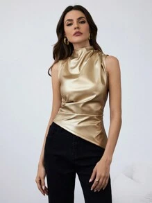 Firerie 1 件女式纯色立领褶皱不对称下摆金属质感时尚背心