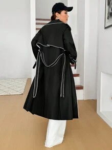 SHEIN EZwear Women's Casual Loose Lapel Neck Long Sleeve Long Trench Coat, Autumn - Black - View 2