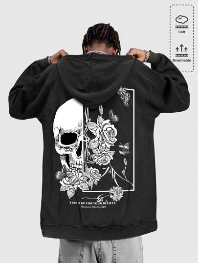 Goth Herren Lässig Hoodie mit Totenkopf- und Blumen Muster für den Alltag, Herbst