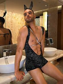 Set de 2 piezas para hombre con estampado de estrella y disfraz sexy: mono y cofia - Negro - Ver 3